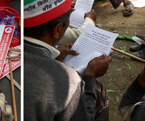Left: Some of the farmers carried placards demanding the Swaminathan Commission’s recommendations must be implemented.
Right: Farmers from Uttar Pradesh look at a flyer in Hindi calling people to attend the march and offer support.
