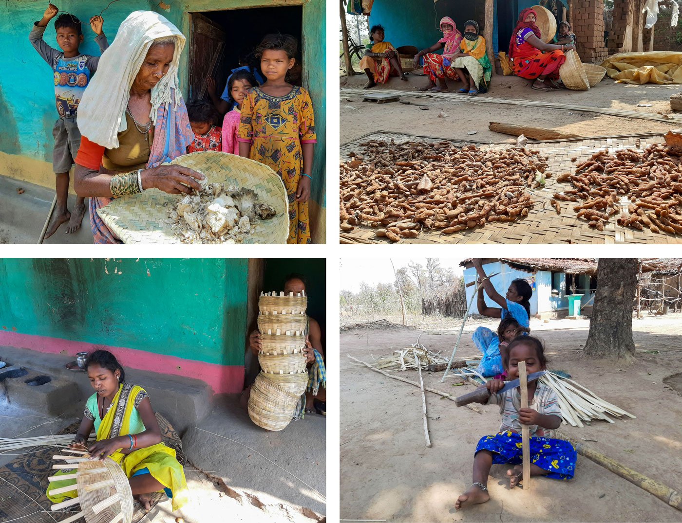 Left: Sunaram Kunjam sits alone in his mud home; he too is not receiving an old age pension. Right: Ghasiram Netam with his daughter and son; his wife was gathering mahua flowers from the forest – they are being forced to sell the mahua at very low rates

