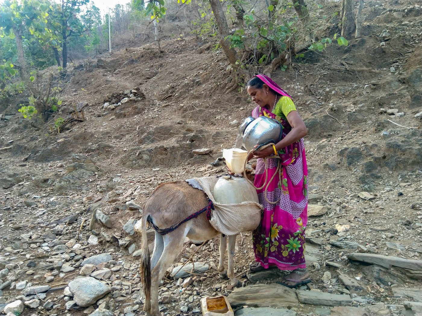 Dali Bada and her donkey. She is filling water into the cans