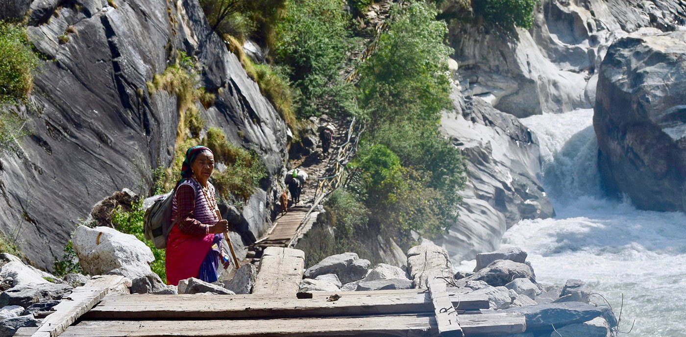 Sukhmati Devi on the walking route, which is also the mule route, includes steep climbs and temporary bridges over the high-current Kali River