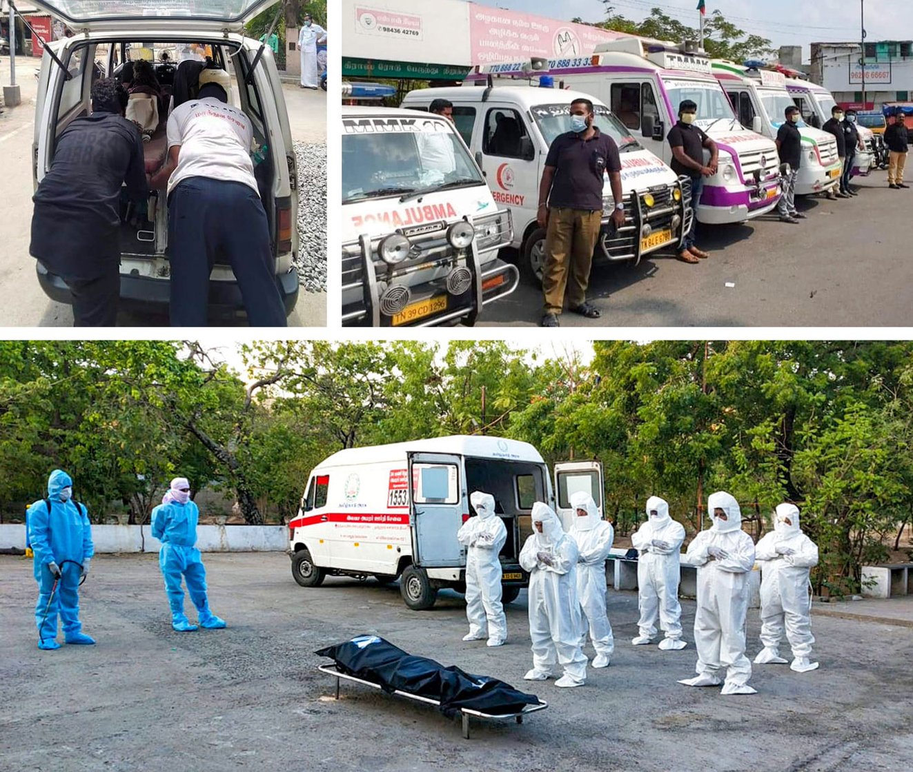 Top left: Two volunteers place a body in their vehicle. Top right: TMMK volunteers stand beside their ambulance vans, readying for the day’s activity. And volunteers in full PPE stand in respect after unloading a body at a burial ground

