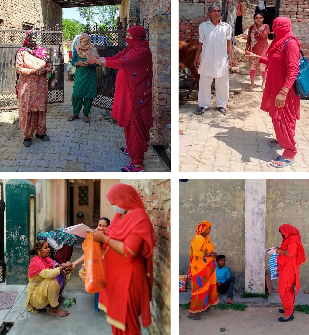 Top left: An ASHA worker demonstrates an arm’s length distance to a rural family. Top right and bottom row: ASHA workers in Sonipat district conducting door-to-door COVID-19 surveys without protective gear like masks, gloves and hand sanitisers