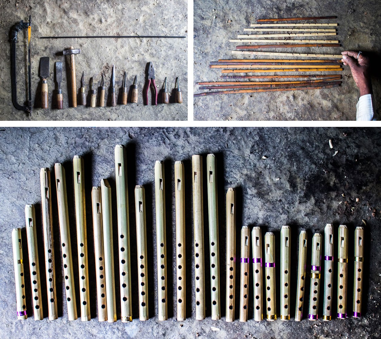 Top left: The flute-makers toolkit with (left-to-right) a hacksaw blade, two types of patli, hatodi, three types of chaku (knives) a cleaning chaku, two varieties of masudichi aari, pakad, two aari for making holes, and the metal rod on top is the gaz. Top right: The tone holes on a flute are made using these sticks which have marks for measurements. Bottom: Dinkar Aiwale has spent over 1.5 lakh hours perfecting his craft and now takes less than an hour to make a flute