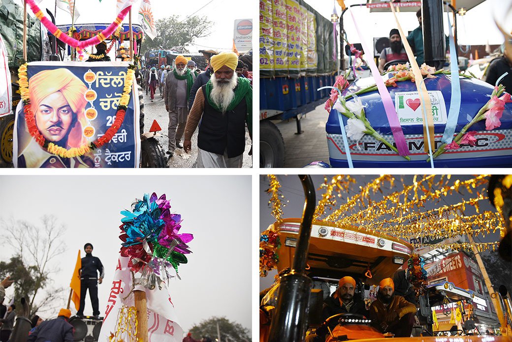 The tractors in Singhu have been decorated with garlands and flags in preparation for the Republic Day parade