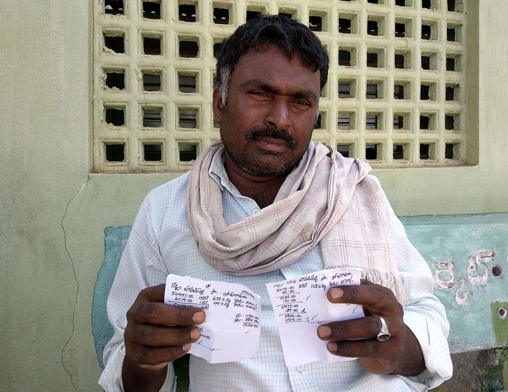Gottam Hanimi Reddy showing the bills he got from the middlemen. The bills show the quantity sold and the price offered apart from other details like commission, debts and dues