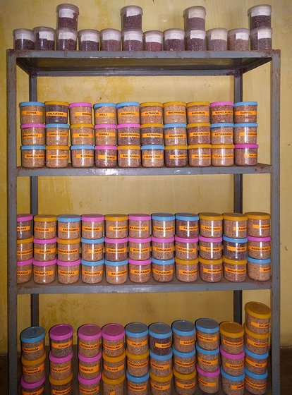 Seeds storage in Nuaguda seed bank. Seeds stored in earthen pots are treated with neem and custard apple leaves to keep pests and fungus away. Seeds stored in air-tight plastic jars are labelled. Currently in the seed bank, there are 94 paddy and 16 ragi varieties