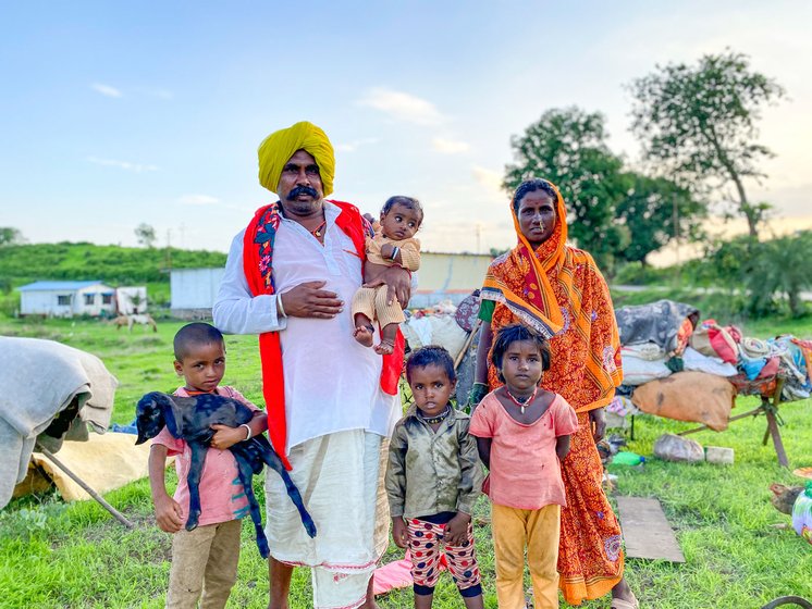 In June, Prakash’s family – including his daughter Manisha, and grandchildren (left) – and others from this group of Dhangars had halted in Maharashtra's Vada taluka


