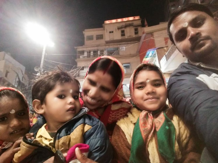 Left: Arun and Sabita Paswan and their children in Varanasi before the lockdown. Right: Kameshwar Yadav with his son and nephew in Ghatera