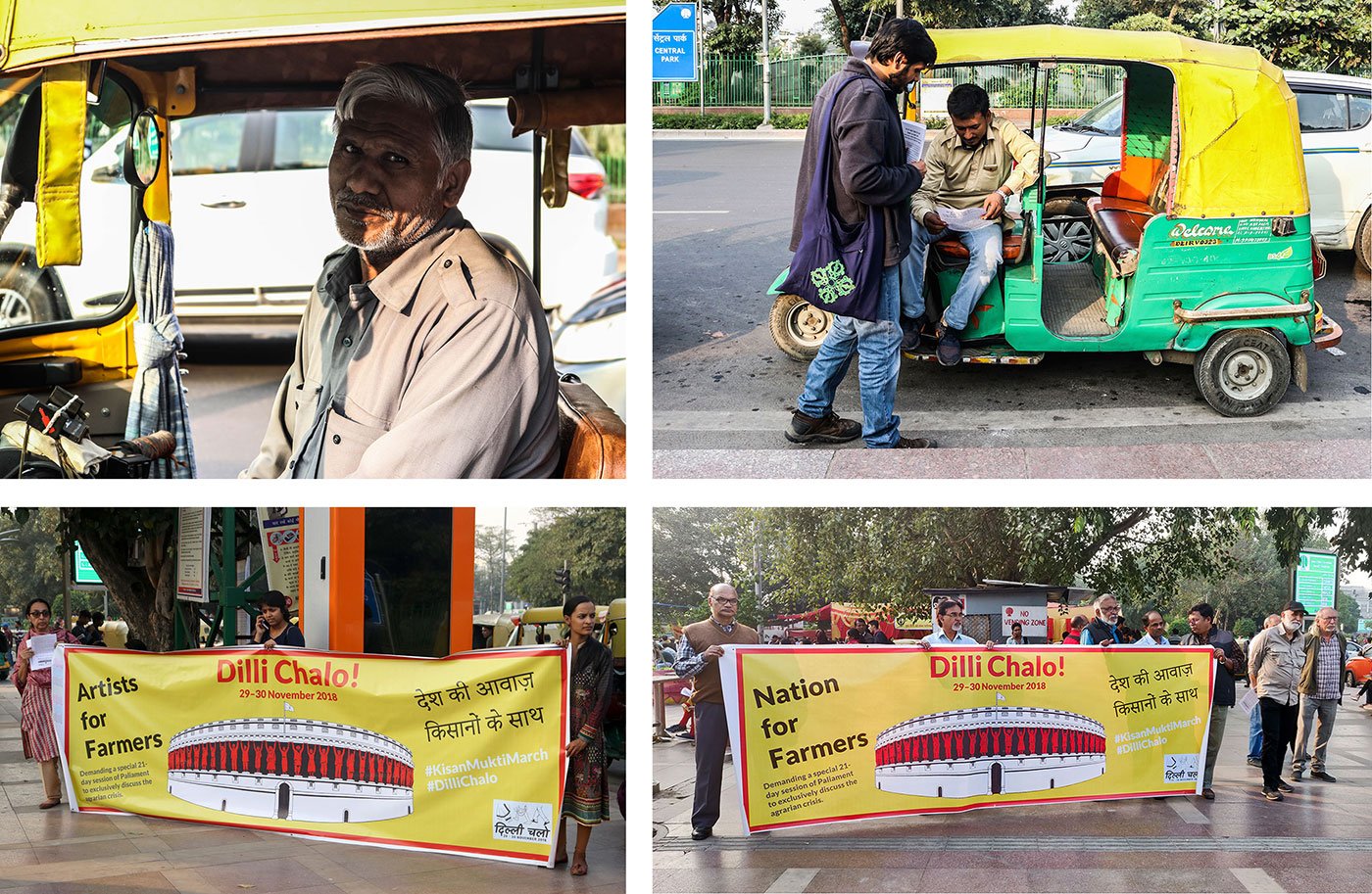 Top left-Jayprakash Yadav, an autorickshaw driver 
Top right - A Nation for Farmer volunteer explaining to an auto rickshaw driver about the March
Bottom left - Artists for Farmers volunteers spreading awareness about the March
Bottom right - Nation for Farmers near the Rajiv Chowk metro station 
