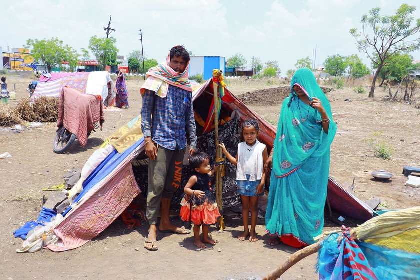 Left: Akash Yadav was stuck in Renapur with his wife Amithi, and daughters Damini and and Yamini. Right: Akash at work; his father Ashok (in pink shirt) looks on 

