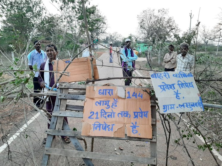 Left: In Siyadehi village of Dhamtari district, Sajjiram Mandavi, a farm labourer, says, 'We are stopping all those coming here to avoid any contact'. Right: We saw similar barricades in Lahsunvahi village, two kilometres from Siyadehi
