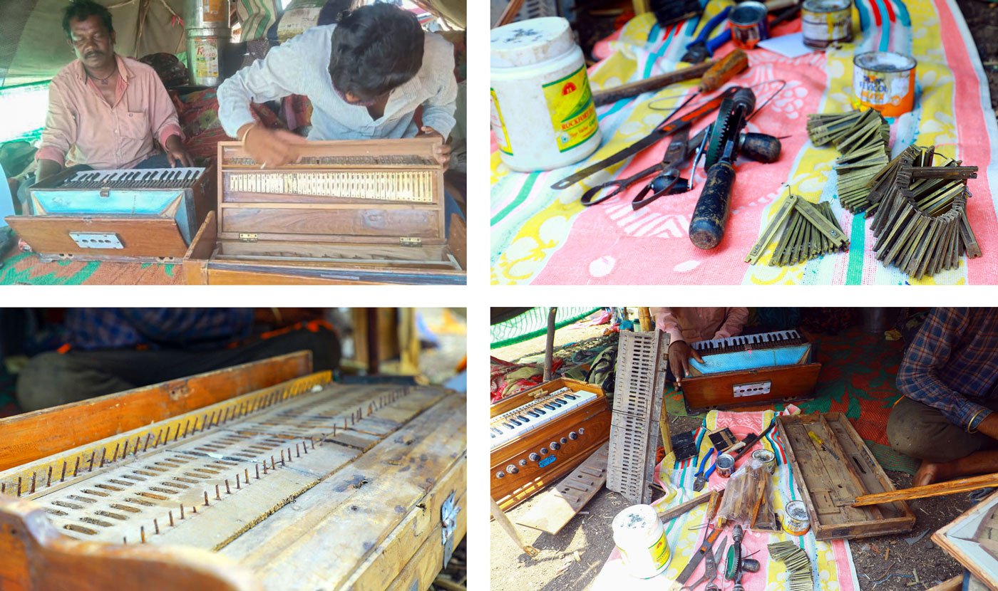 Top left: Ashok Yadav looks on as a younger repairmen grapples with a problem. Top right: Tools and metal keys to be polished and cleaned and repaired. Bottom left: A harmonium under repair, stripped off its keyboard and keys. Bottom right: Ashok and Akash demonstrate their work

