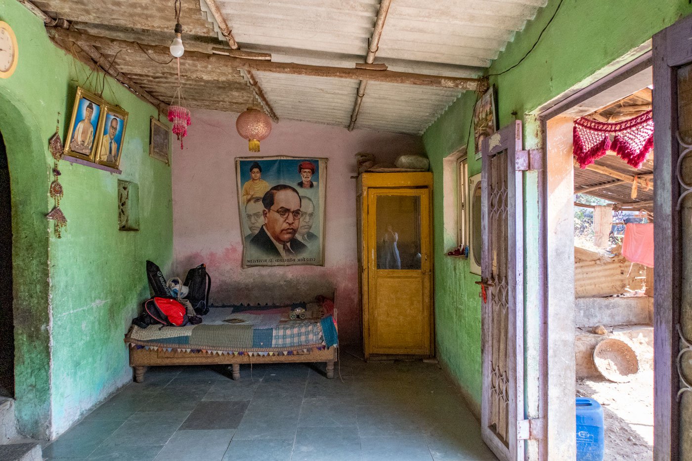 The walls of Kusum Sonawane's home in Nandgaon shows the family's reverence for Babasaheb Ambedkar