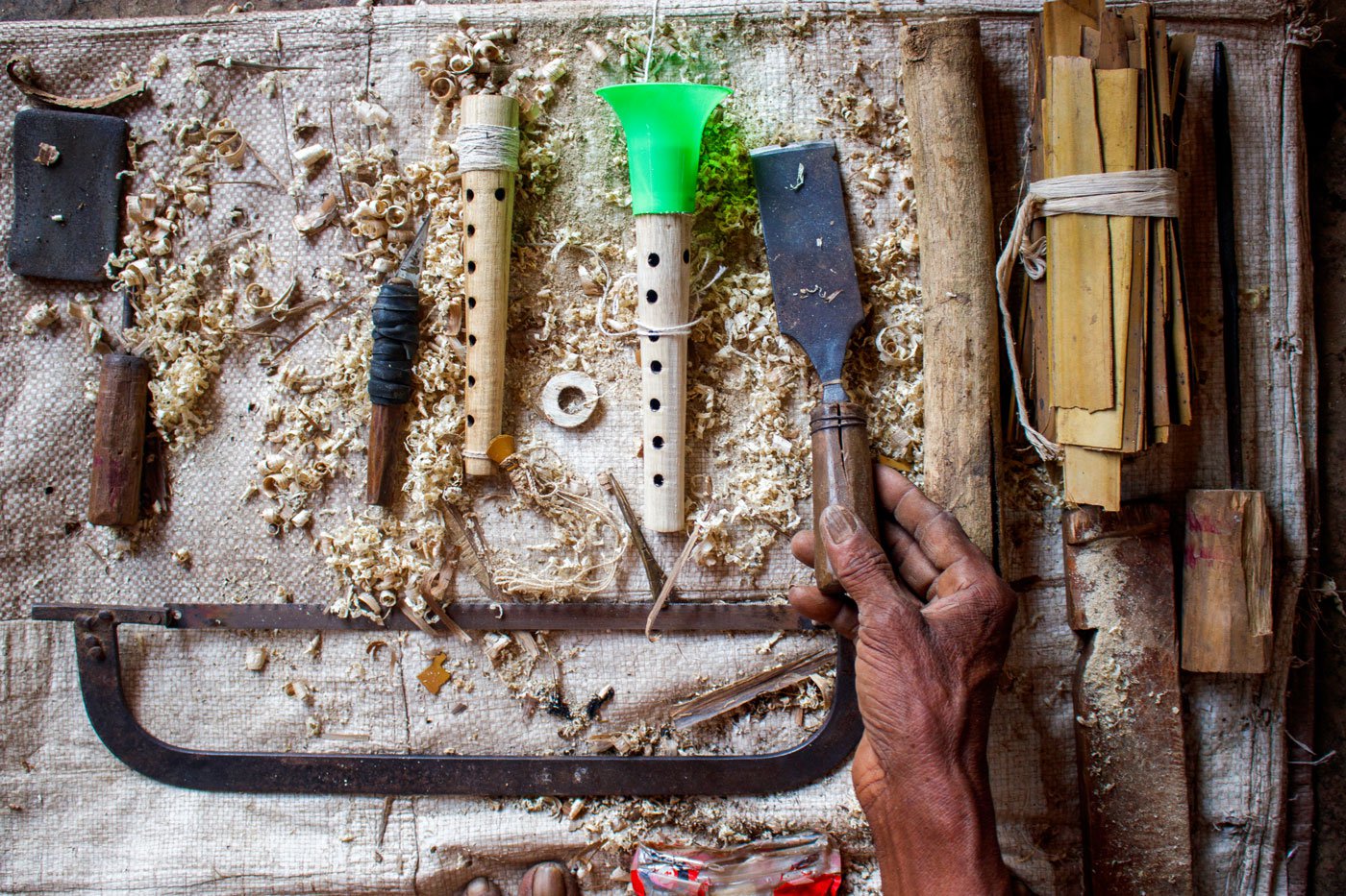 Some of the tools that Narayan uses to make a shehnai