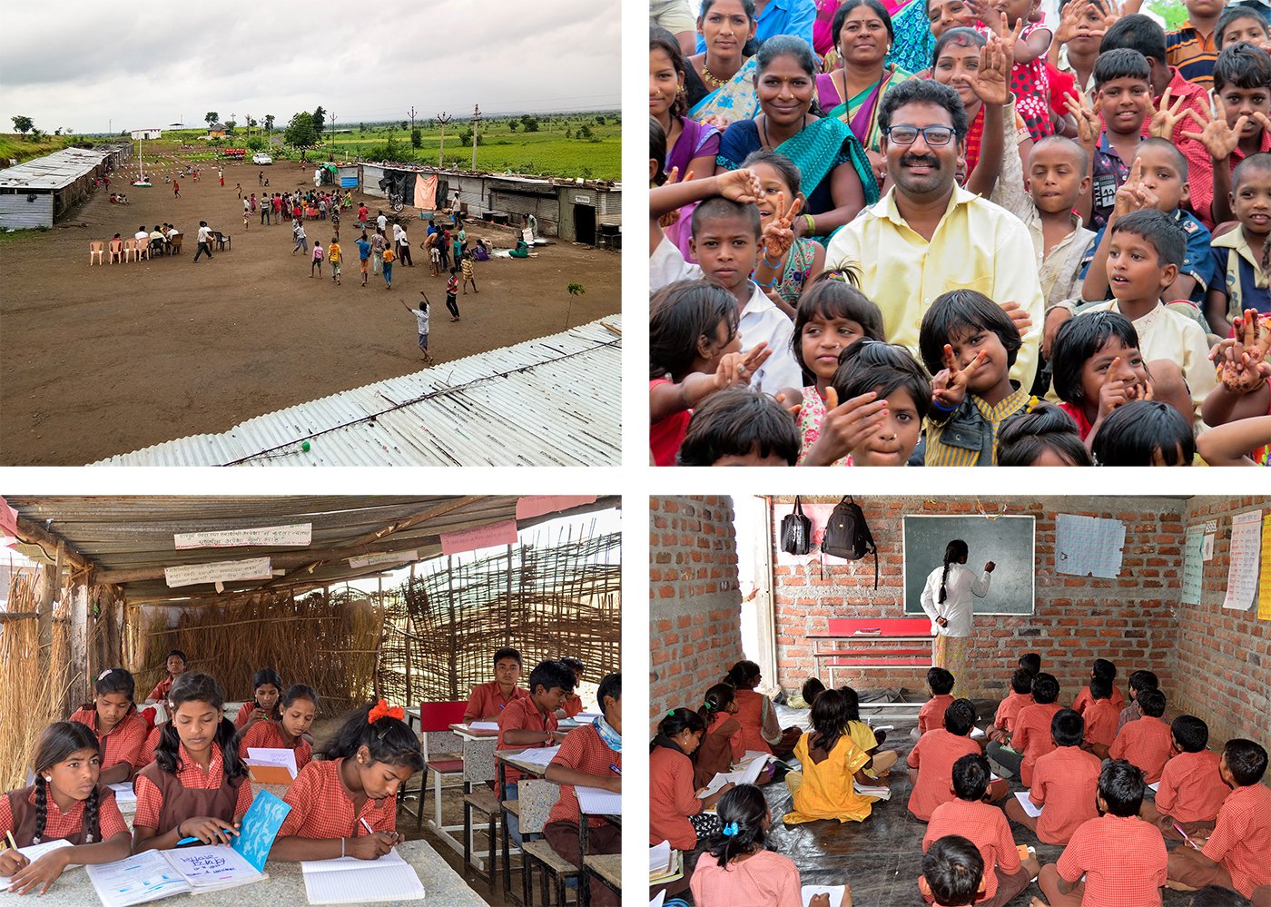 Top left - School Premises
Top right - Matin Bhosale with his students
Bottom left - Students inside a thatched hut classroom
Bottom right - Students in semi concretised classroom