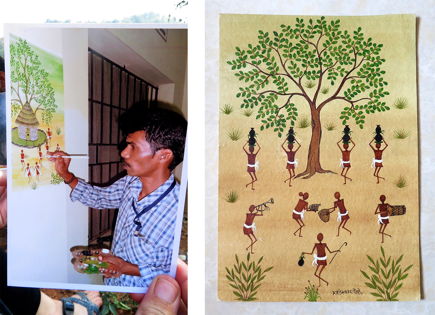 
Left: A photograph of a photo of Krishna while painting. Right: One of his completed artworks