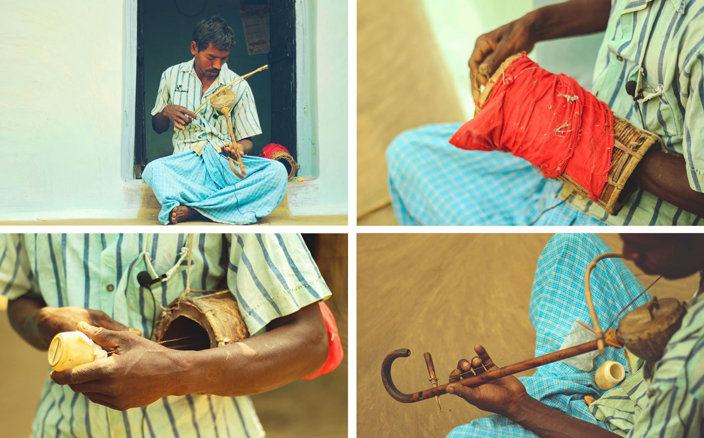 Top left: Ganesh Soren at his doorstep with his whimsical fantor banam. Top right, bottom left: Ganesh's signature gabgubi, with his son’s dhol as the main part, along with an old Pond’s container. Bottom right: His banam, made with coconut shell covered with hide, fastened to an umbrella handle with nuts and bolts