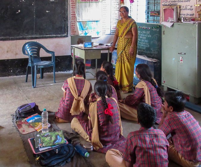 Parvati Ghuge in the classroom at the Sanja ZP school