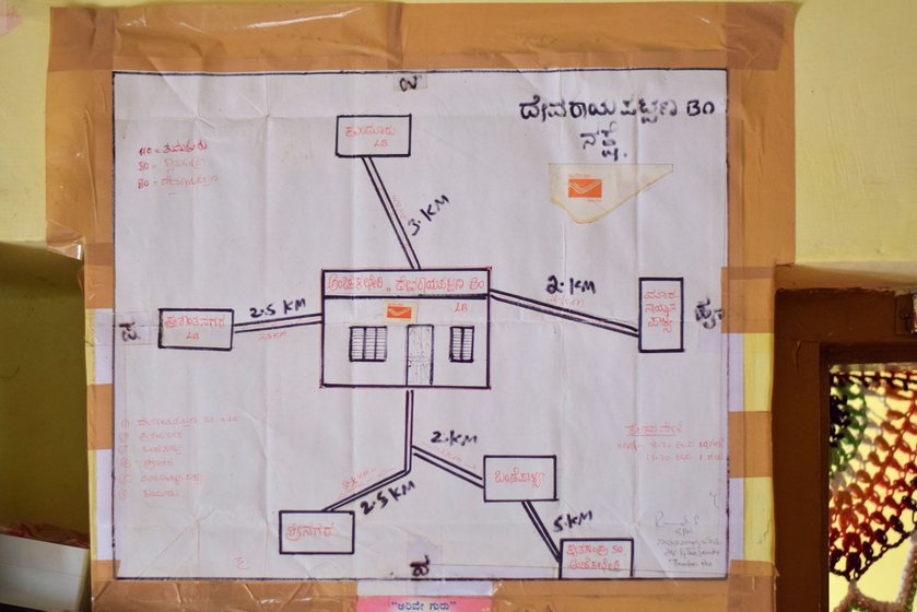 Renuka travels on his bicycle (left) delivering post. He refers to a hand drawn map of the villages above his desk (right)