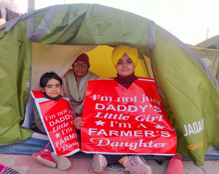 Left: Hardeep Kaur (second from left) says, 'We will go back  for a while when he [an employee looking after their farmland] needs us there. We will be replaced by someone here for that duration'. Right: Entire families at Singhu are engaged in this rotation 