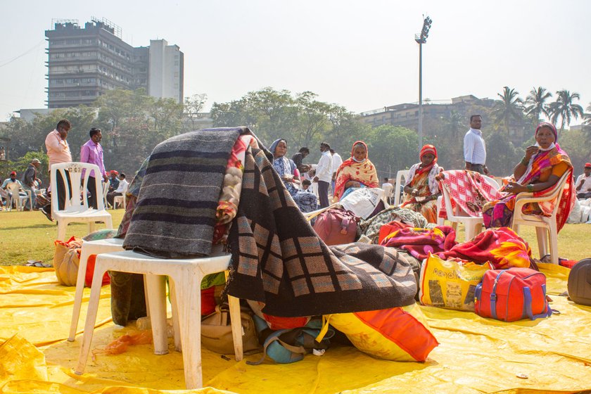Lakshmi Gaikwad (left) and the other protestors carried blankets to Mumbai to get through the nights under the open sky in Azad Maidan
