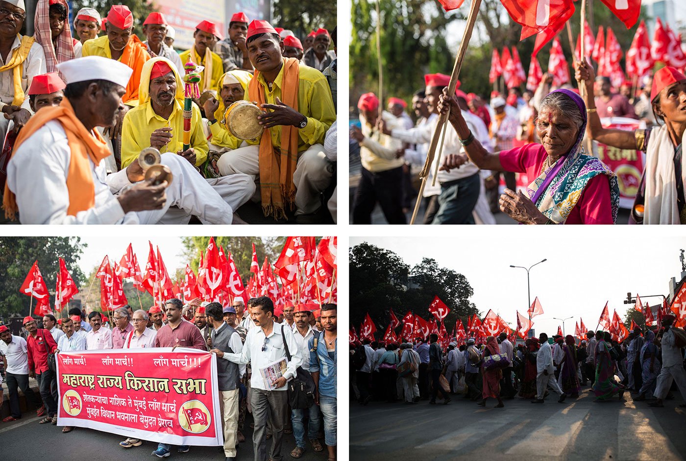Top left - Three men singing and playing instruments. One of them is playing the cymbals. Men in red hats look on

Top right - An old woman dancing in front of people marching

Bottom left - Farmers marching holding red communist flags

Bottom right - Farmers marching holding red communist flags