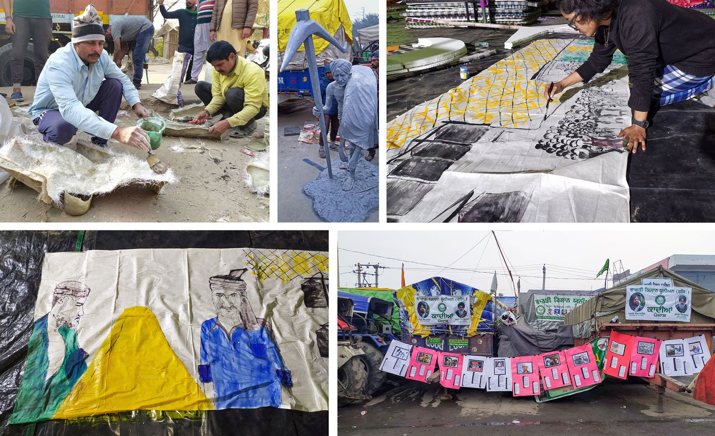 Top left and centre: Devarajan Roy and Biju Thapar making cut-outs of historical figures like Sir Chhotu Ram for the farmers' Republic Day parade. Top right: Ishita, a student from West Bengal, making a banner for a tractor, depicting how the laws will affect farmers. Bottom right: Posters for the parade