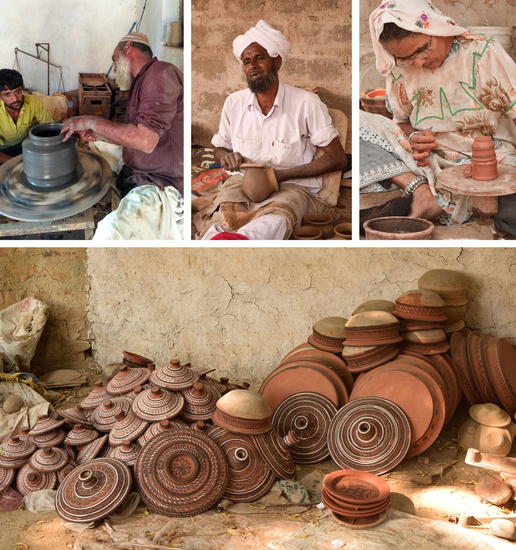 Potter Ramju Ali Kumbhar and son Amad Kumbhar (top left) say: '...getting clay for our work is not so easy now'. Business has slumped for Kachchh's potters, including Kumbhar Alarakha Sumar (top centre) and Hurbai Mamad Kumbhar (top right)

