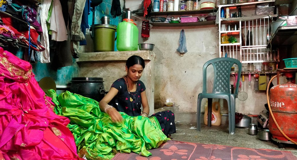 Geeta Samal Goliya, 32, a resident of Vishram Nagar, has been earning Rs 2 per saree for the past ten years. Her husband is employed in a powerloom in the neighbourhood.