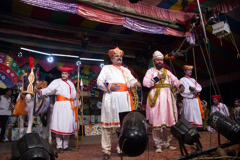 A short skit on Shivaji is performed during the performance in Savlaj village, Sangli district