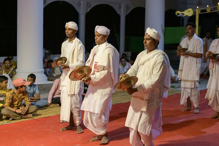 Dutta started learning gayan-bayan at the age of 13. Here, he performs as a gayan (singer) with the rest of the group in the namghar of the Garamur Saru Satra