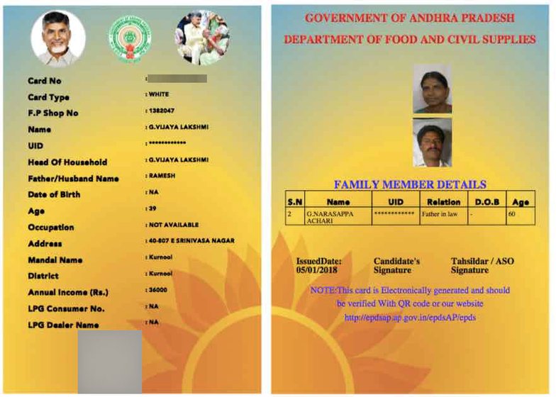 The ration card with name of Vijayalakshmi and photo of Nagaraju, from his Aadhaar. The other woman can't be identified