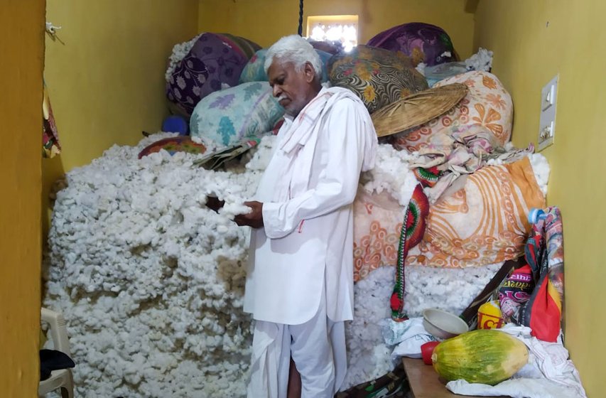 Vaibhav Wankhede's aunt, Varsha Wankhede (left); his uncle, Prakash Wankhede (centre); and his father, Ramesh Wankhede (right) are farmers with quintals of unsold cotton lying in their homes