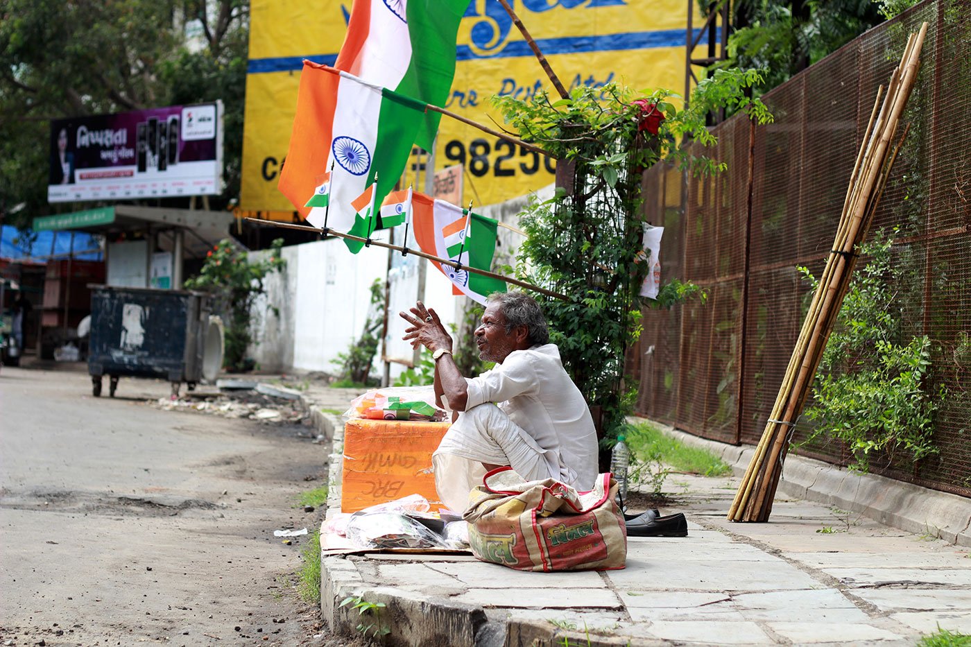 Chiranjilal Bagariya, in his 60s, is the oldest flag-seller on these streets
