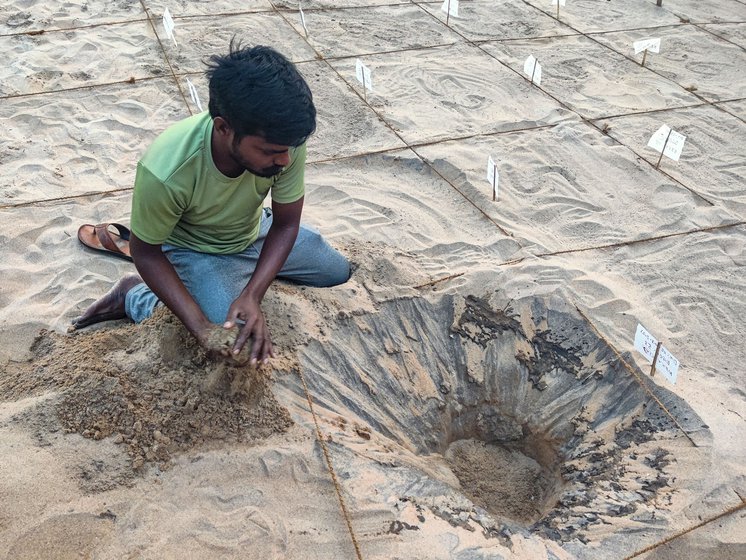 Guards at the Sagar Nagar hatchery digging a hole to lay the turtle eggs