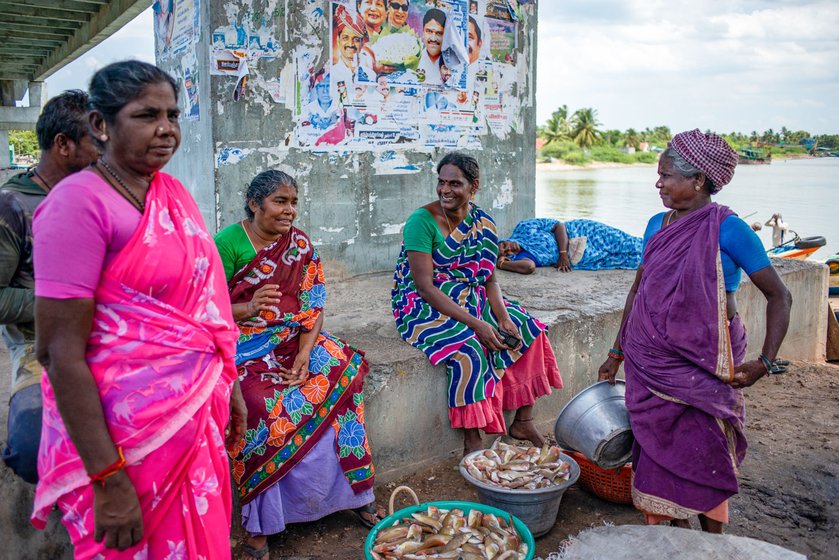 Left: Maneesha waits with other women for the fish auction to begin. Right: All sellers leave the bridge around 5 p.m.