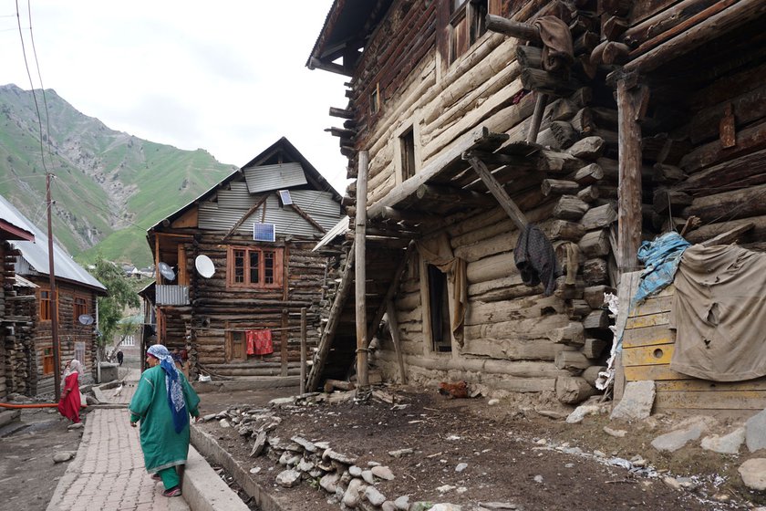 The villages of Achura Chowrwan (left) and Baduab (right) in Kashmir’s Gurez valley. Clothes made from the woolen pattu fabric are known to stand the harsh winters experienced here