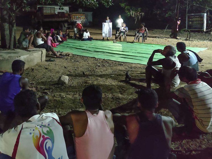 Right: A meeting organised by NGO Samajbandh in a village in Bhamragad taluka to create awareness about menstruation and hygiene care among the men and women