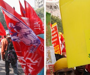 Security personnel holding lathis look on as farmers holding massive red flags cross the Barakhamba Chauraha.

Right: A huge signboard hides a protestor’s face as he marches. Their demands are clear.
Ghata Mukt Kheti – Loss- Free Farming
Karz Mukt Kisan – Debt- Free Farmer
Zeher Mukt Bhojan – Poison-Free Food
Atmahatya Mukt Bharat – Suicide-Free Bharat
