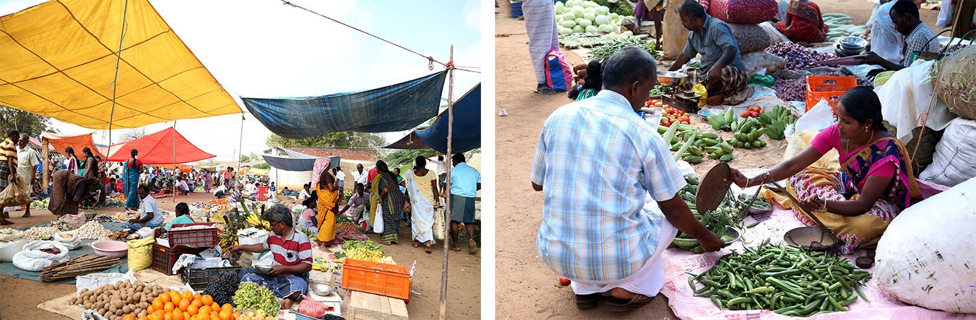 The Sivagangai market (left); Chandra retailing vegetables