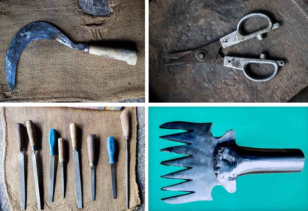 The Shikalgars make tools like sickles (top left), grapevine-cutting scissors (top right) and barchas (a serrated tool to kill fish; bottom right). They use different kinds of kanas (filing tools) to shape the adkitta

