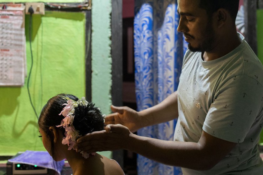 Mukta developed an interest in makeup when he was around nine years old. Today, as one of just 2-3 male makeup artists in Majuli, he has a loyal customer base that includes Rumi