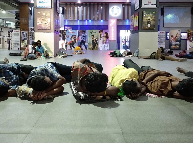 Homeless people, who mostly are migrant daily wage labourer from rural parts of Andhra Pradesh, sleep in the Pandit Nehru Bus Station in Vijayawada. 