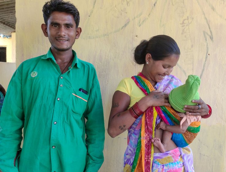 Left: Dr. Meenal Indurkar, district consultant for health in Narayanpur, speaking to young mothers about malnutrition. Right: Dashmati Yadav (with her husband Prakash and their baby girl), says, '...my baby boy died after birth at home. So this time my husband called the ambulance and I was taken to Benoor for my delivery'

