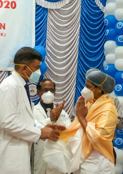 Thamizh Selvi in a PPE suit (let) and receiving a 'Covid-warrior' award at a government hospital (right) on August 15, 2020, for her dedicated work without taking any leave