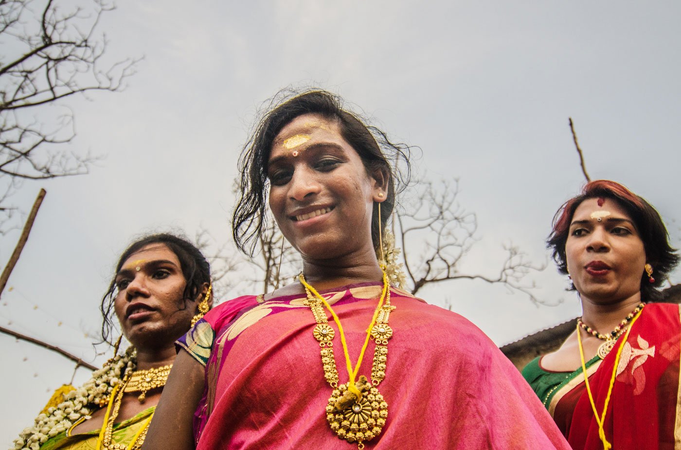 Pinky (centre), the leader of a group of newly-wed aravanis from the outskirts of Chennai, is thrilled to be married. A portrait of three transgender women