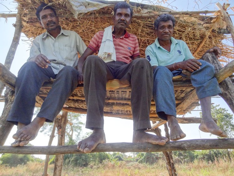 Madhukar Dhotare, Gulab Randhayee, and Prakash Gaikwad (seated from left to right) are small and marginal farmers from the Mana tribe in Bellarpar village of Nagpur district. This is how they must spend their nights to keep vigil against wild boars, monkeys, and other animals.