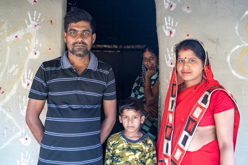 Ranjeet Yadav and his family, outside their home: wife Chinta (right), son Manish, and sister-in-law Parvati (behind).