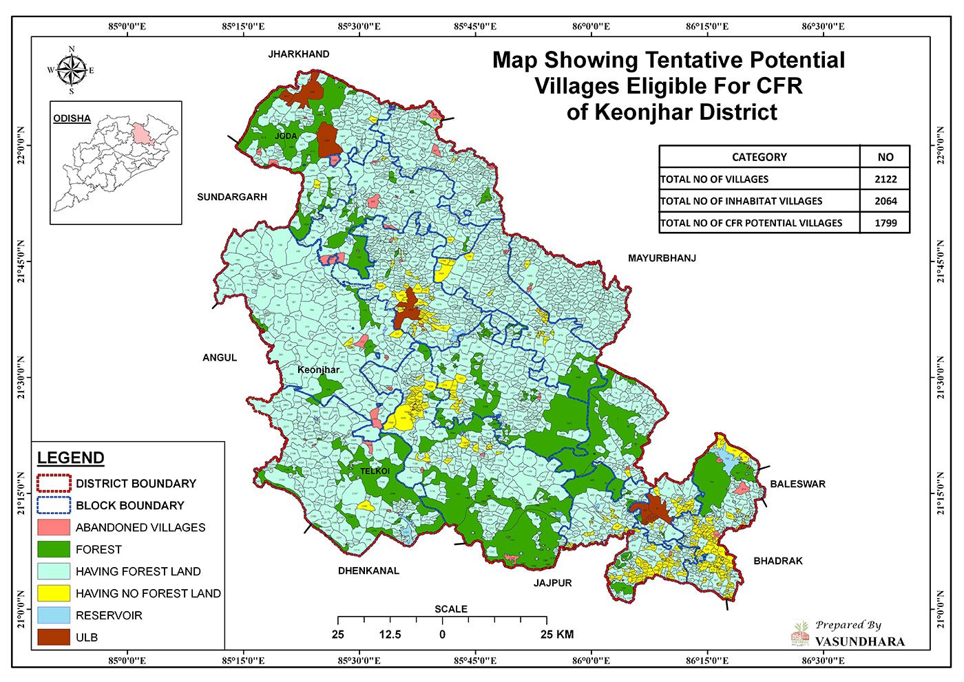 A graphic, based on a study by Vasundhara, an NGO in Odisha, shows community forests across Keonjhar district’s 336,615 hectares of  forest, and the potential for awarding Community Forest Rights titles to villages (Courtesy: Vasundhara)