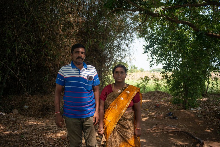 Vadivelan’s time is divided between farming and driving. Seen here (left)with his wife Priya in the shade of a nearby grove and with their children (right)
